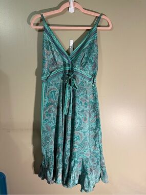 India Boutique Teal Paisley Ruffle Hem‎ Smocked Back Sun Dress Womens One Size